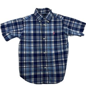 Ralph Lauren Boys Toddler Short Sleeve Button Up Shirt Blue White Plaid 3/3T VTG